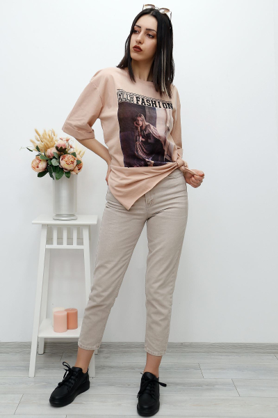 Contalı Mom Jeans Bej - 2411.392. - k.p