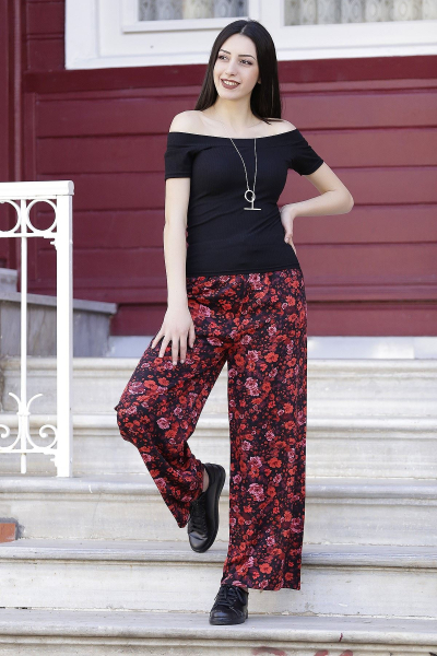 Desenli Bol Pantolon Kırmızıçiçekli - 0753.128.
