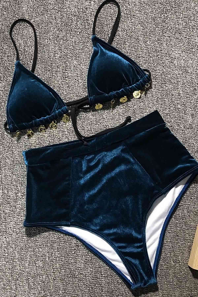 Angelsin Kadife Mavi Bikini Takım